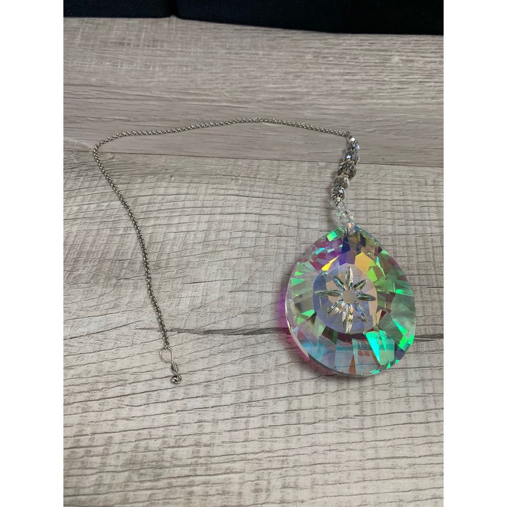 AB Iridescent Crystal Teardrop Suncatcher Starburst Etched Hanging Ornament